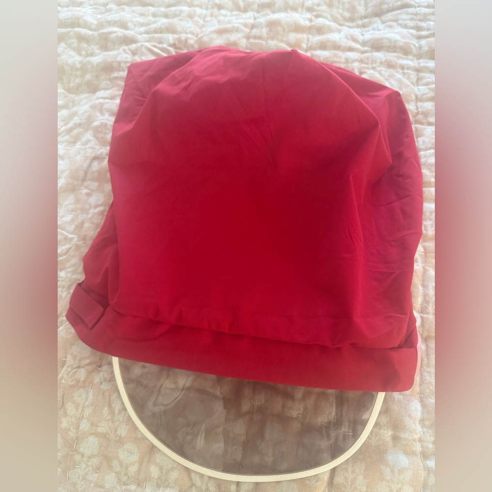 New Hairbrella Red Rain Hat with Clear Visor and satin lining,